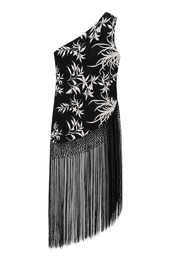 Black and white floral one-shoulder Langry fashion dress