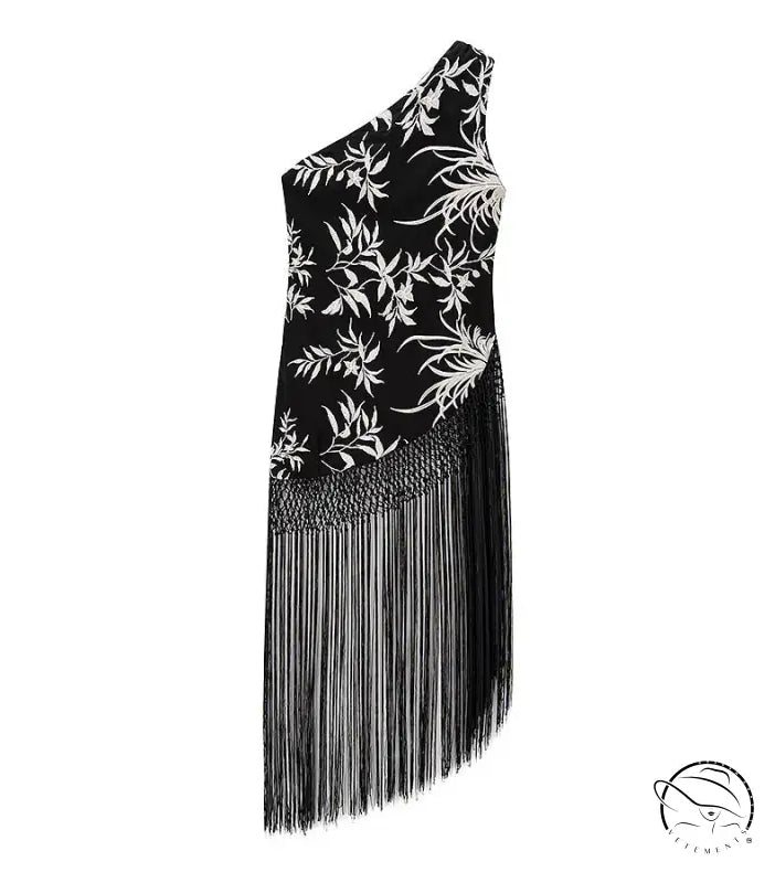 Black and white floral langry fashion dress with fringe