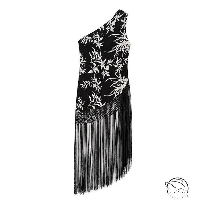 Black and white floral langry fashion dress with fringe