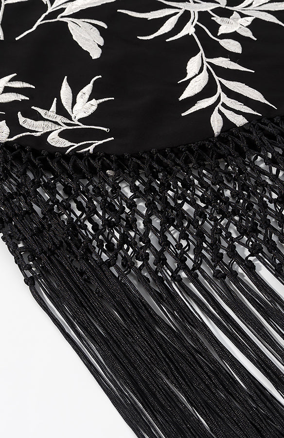 Black and white floral langry fashion scarf with tassels on cute short embroidery dress
