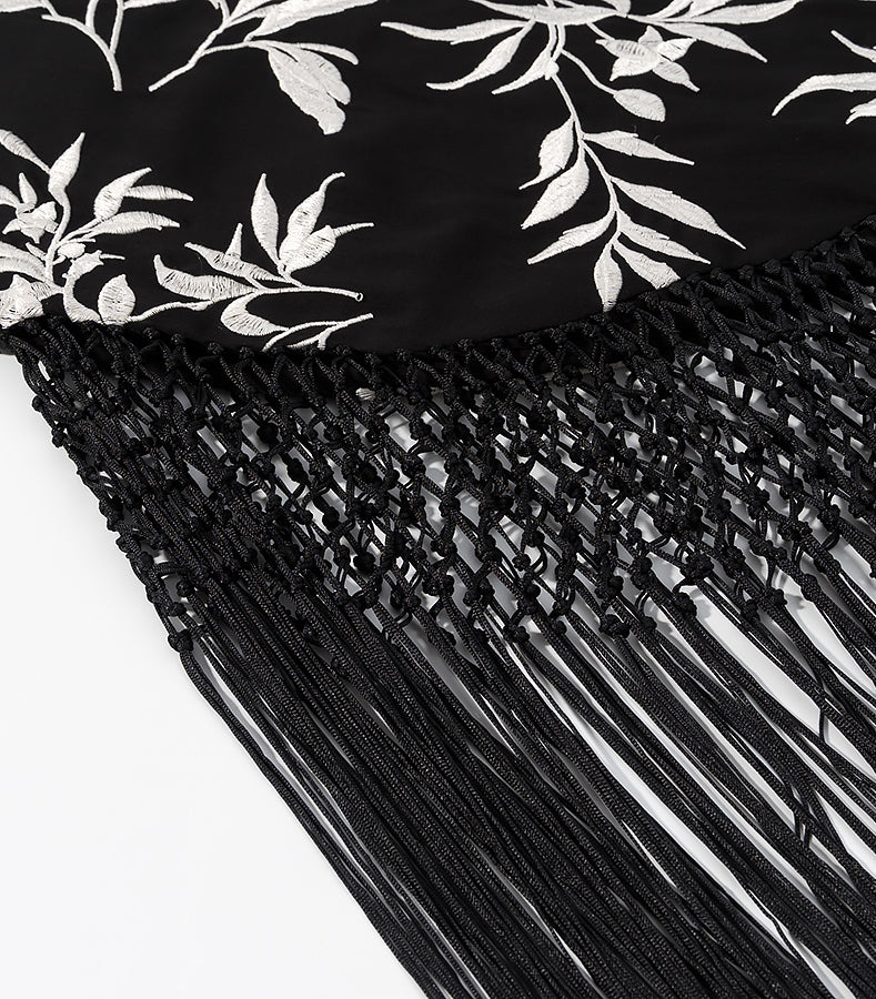 Black and white floral langry fashion scarf with tassels on cute short embroidery dress