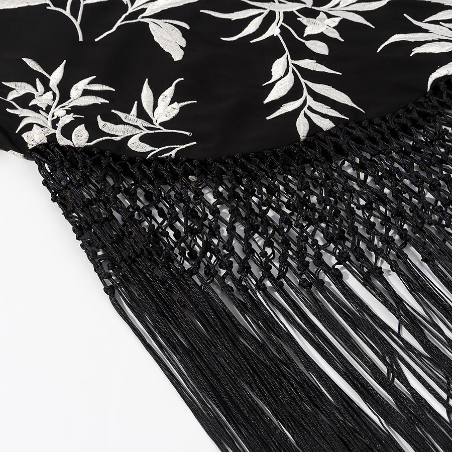 Black and white floral langry fashion scarf with tassels on cute short embroidery dress