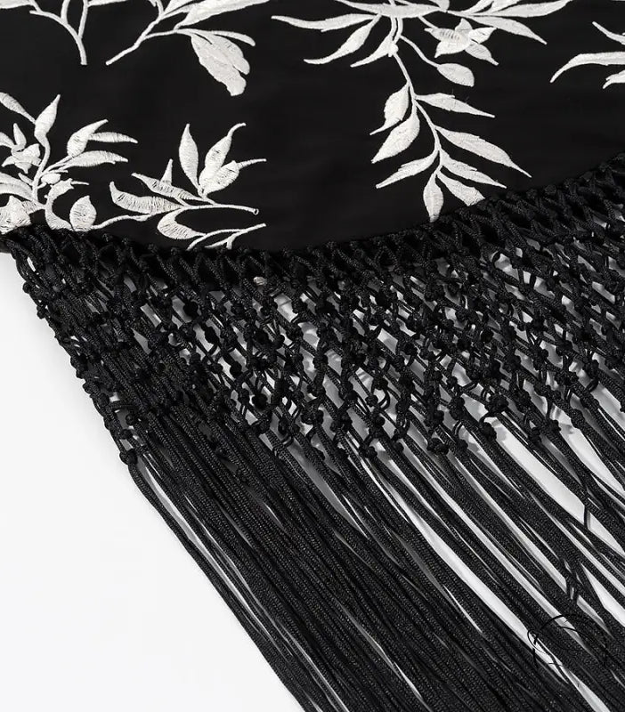 Black and white floral langry scarf with tassels on cute short embroidery dress