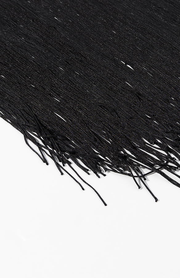 Langry black fringe scarf with textured knit on cute embroidery dress