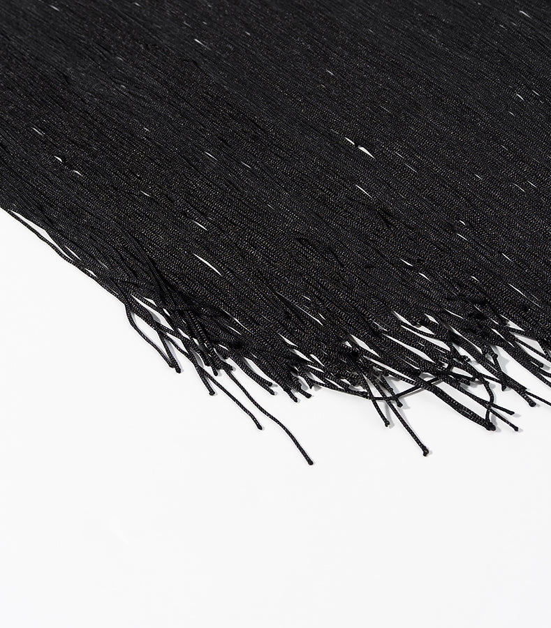 Langry black fringe scarf with textured knit on cute embroidery dress