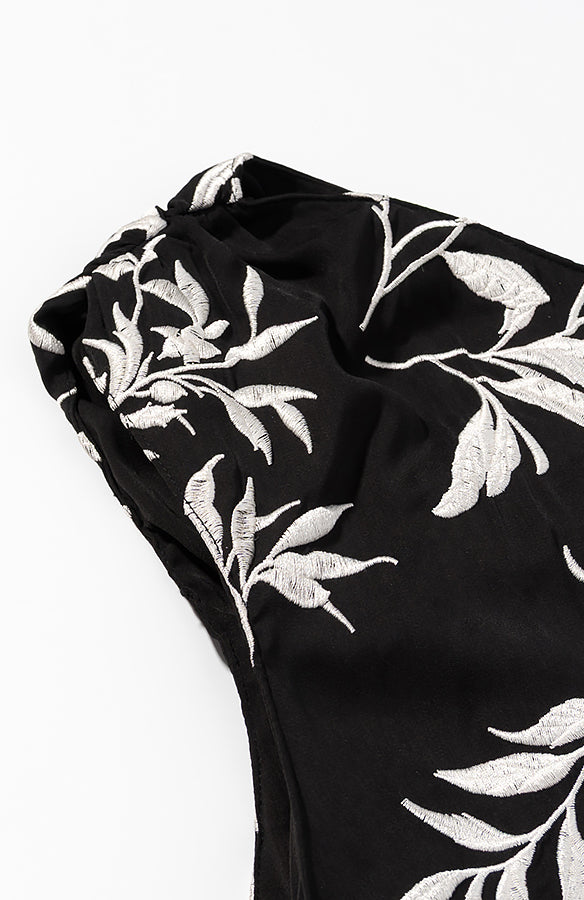 Langry fashion black and silver leaf print embroidery dress with high neckline