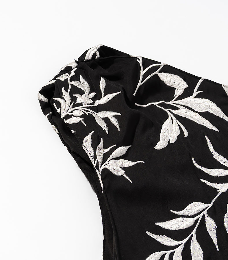 Langry fashion black and silver leaf print embroidery dress with high neckline