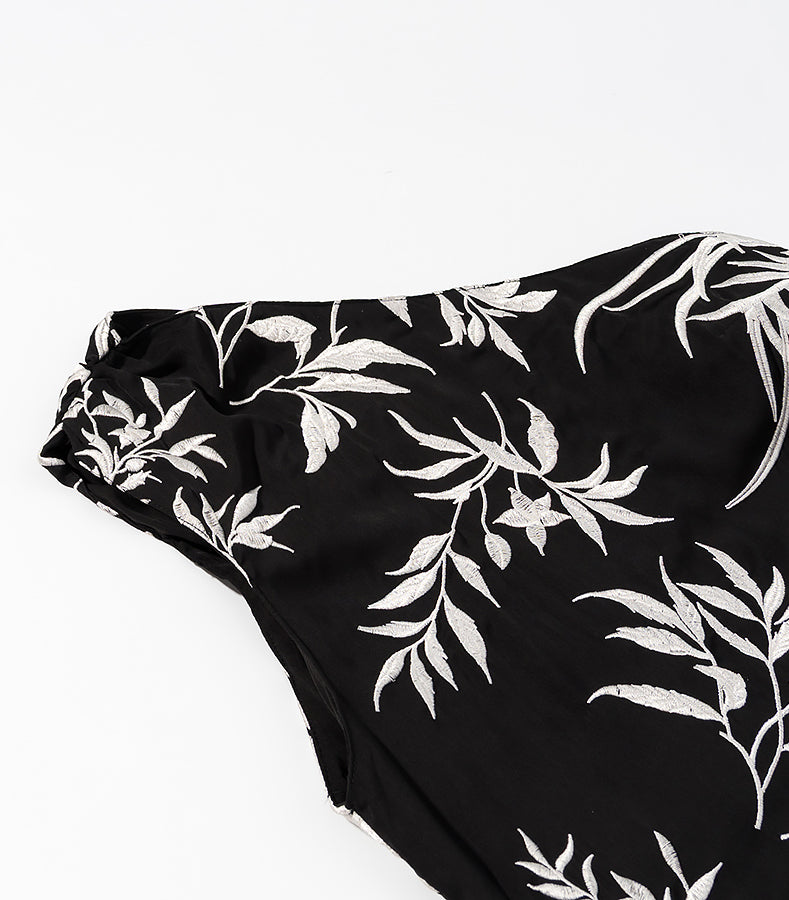 Langry fashion black and white floral embroidery dress with high neckline