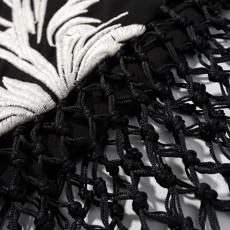 Cute Short Langry Fashion Dress in Black Mesh with Silver Leaf Embroidery