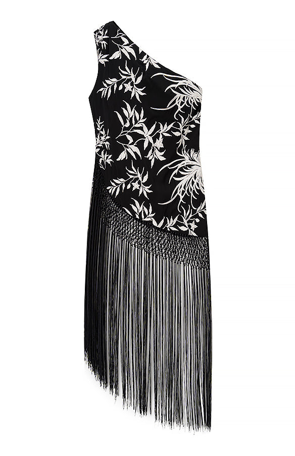 Langry black and white floral one-shoulder fringe dress with high neckline, fashion ملابس