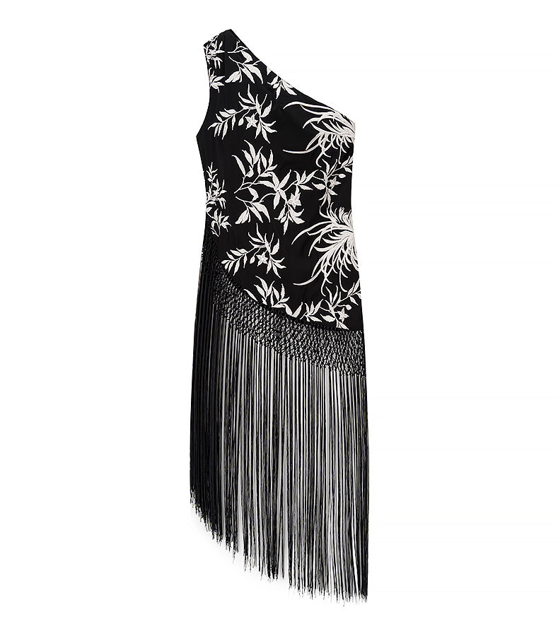 Langry black and white floral one-shoulder fringe dress with high neckline, fashion ملابس