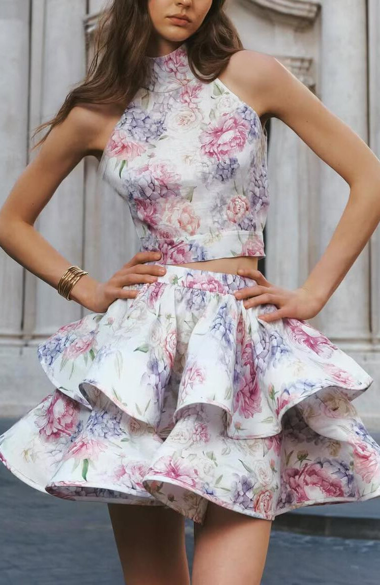 Enchanting Langry floral halter dress with pink ruffles, fashion ملابس
