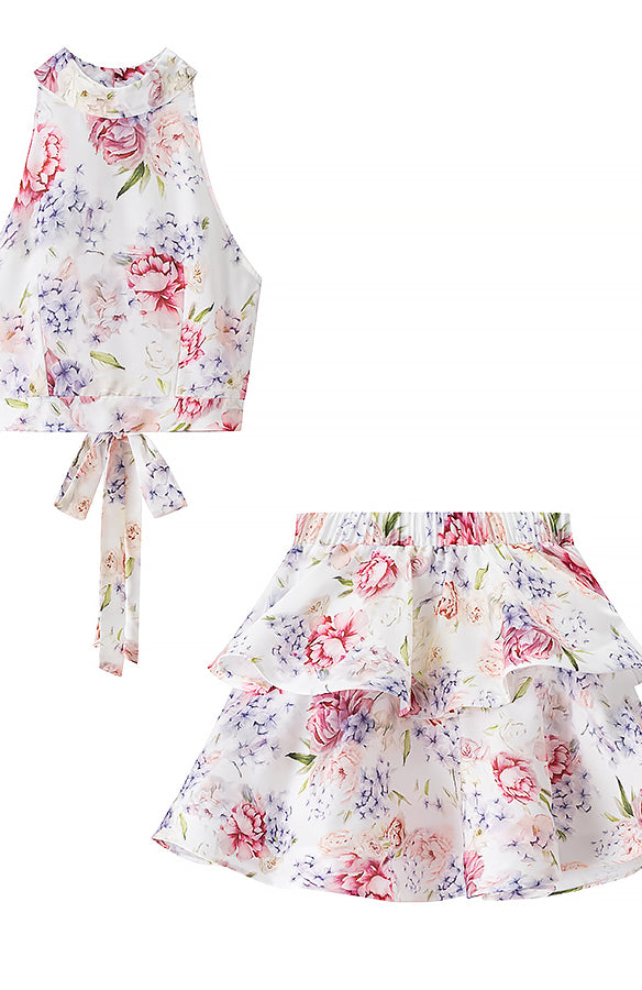 Langry fashion enchanting halter floral skirt top set with pink flowers