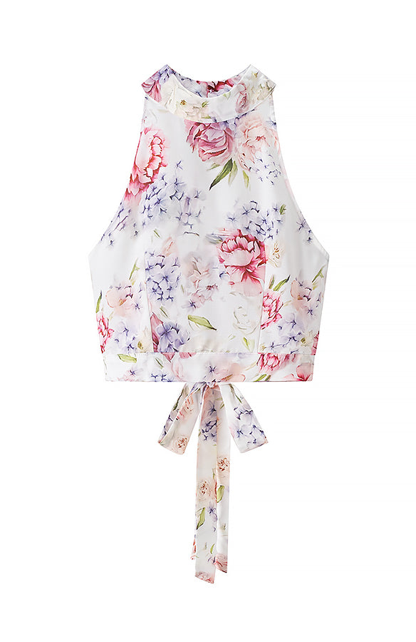 Enchanting Langry floral halter blouse with pink flowers and tie front