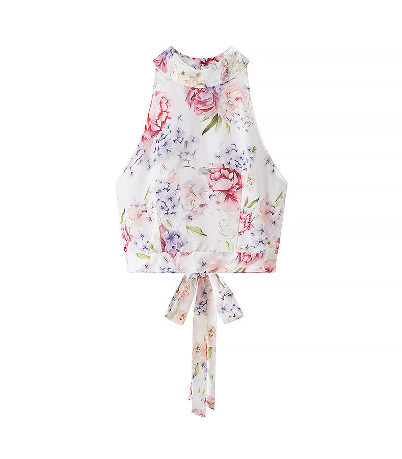 Enchanting Langry floral halter blouse with pink flowers and tie front