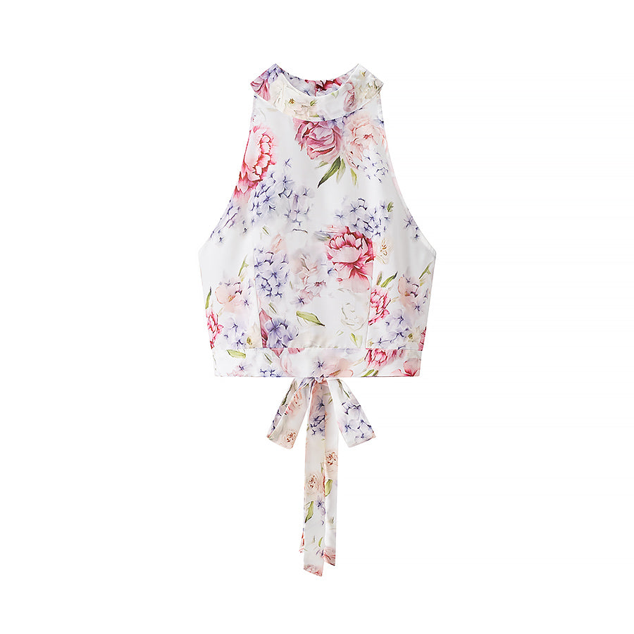Enchanting Langry floral halter blouse with pink flowers and tie front