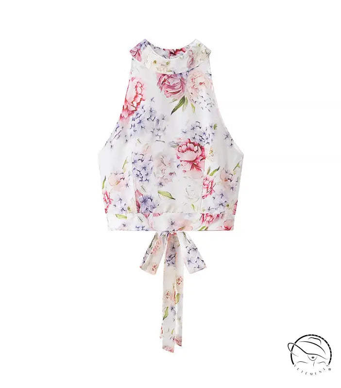 Enchanting langry fashion floral halter sleeveless top in pink flowers