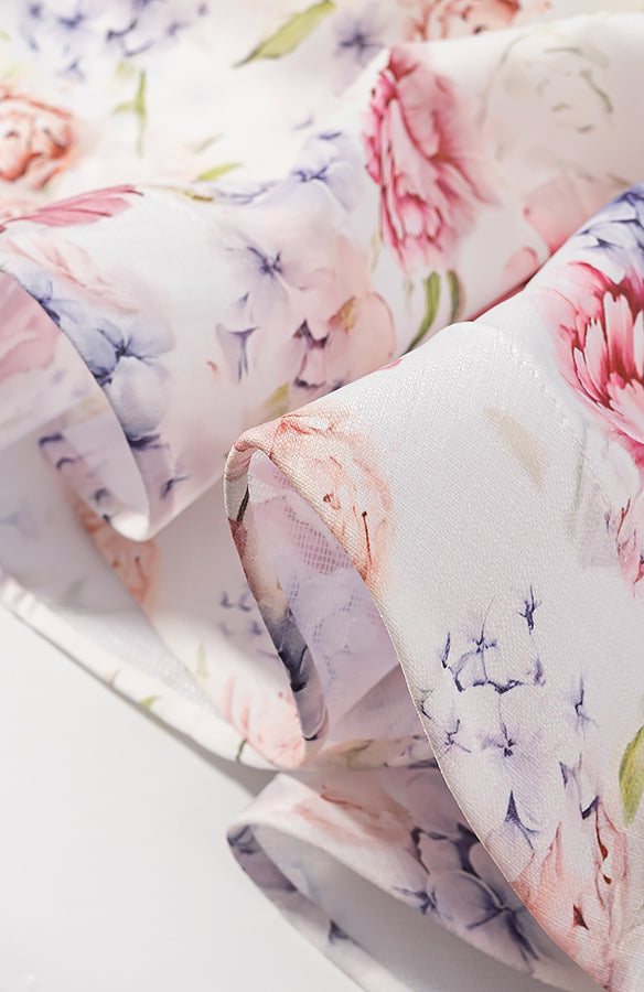 Enchanting langry fashion floral scarf with pink white flowers on sheer background