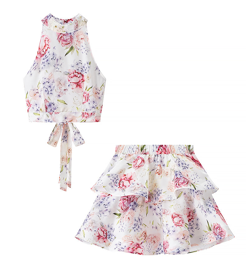 Enchanting Langry fashion floral halter top and ruffle skirt set