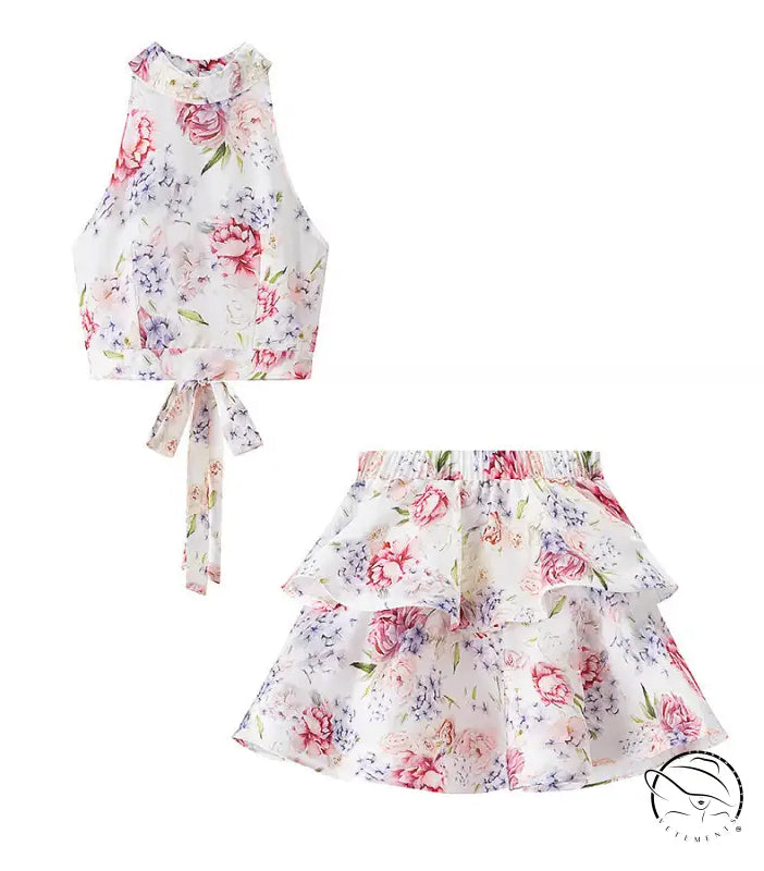 Enchanting langry fashion floral print halter top and skirt set
