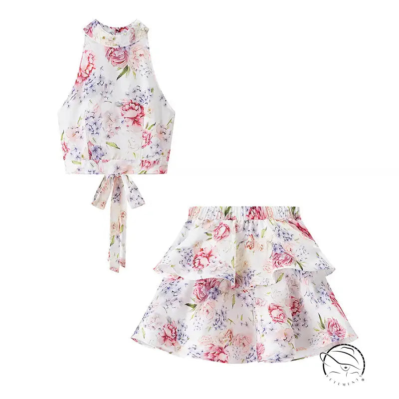 Enchanting langry fashion floral print halter top and skirt set
