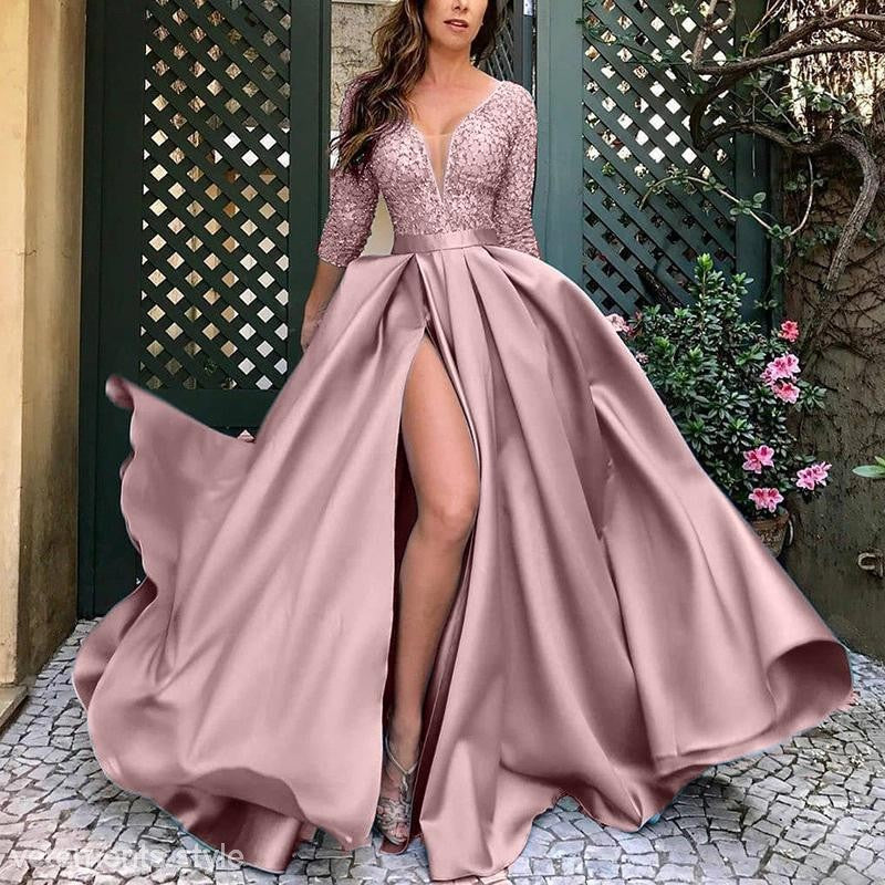 Elegant pink gown with high slit, perfect for an Elegant Princess Dress at a trailing banquet