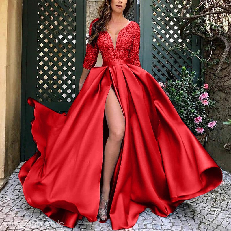 Elegant red gown with a high slit, perfect for an Elegant Princess Dress at a trailing banquet