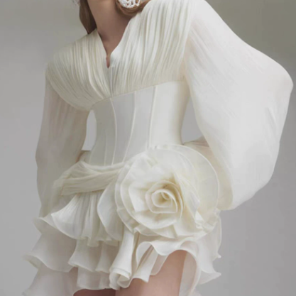 Langry fashion white rose silk dress with ruffles, ملابس