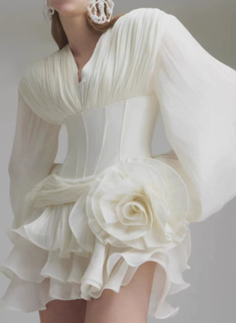 Langry fashion white rose silk dress with ruffles, ملابس