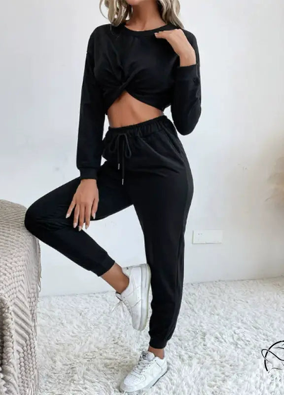 Casual black langry fashion two-piece sweater set with twisted front sweatshirt and drawstring pants