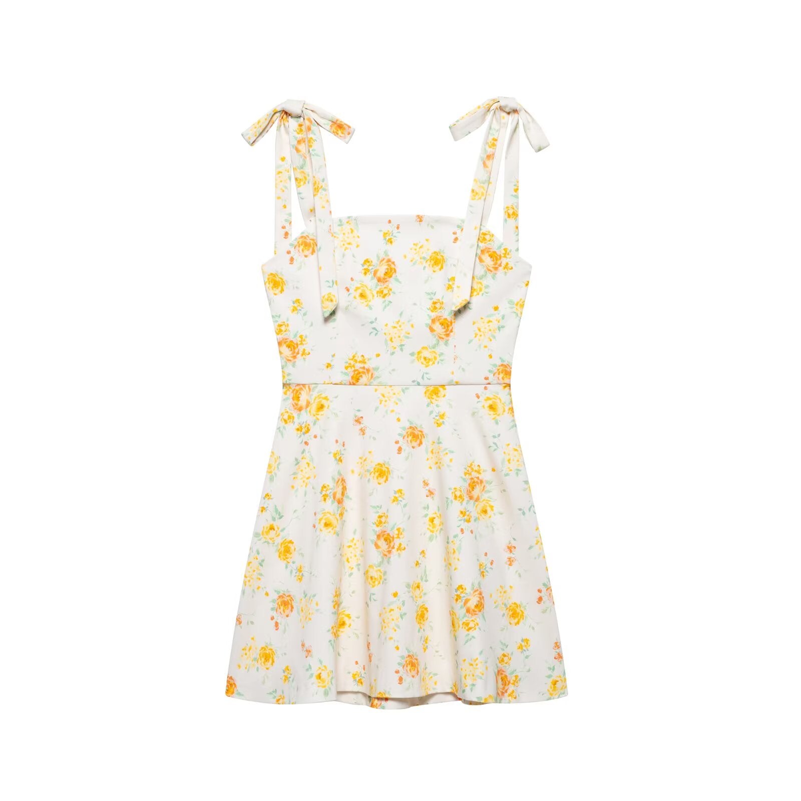 Langry fashion yellow floral print mini dress with bowknot tie