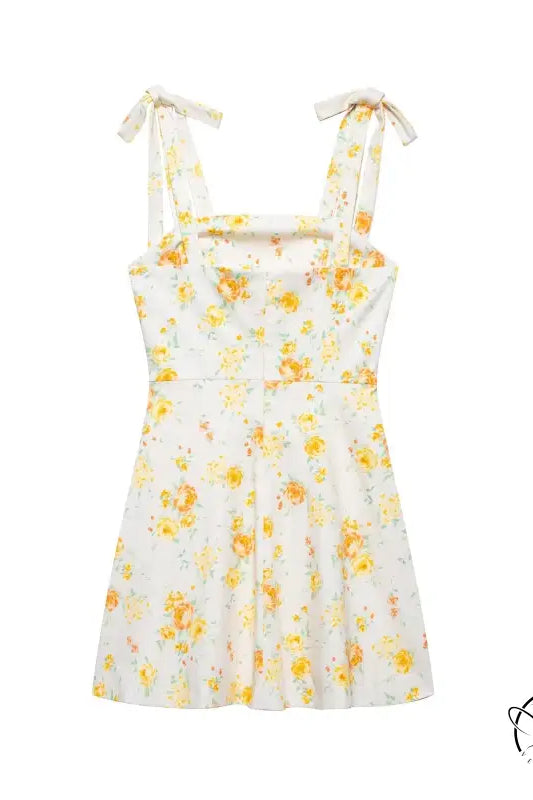Langry fashion Bowknot Floral Printed Poplin Dress in white floral print with adjustable straps and tie details
