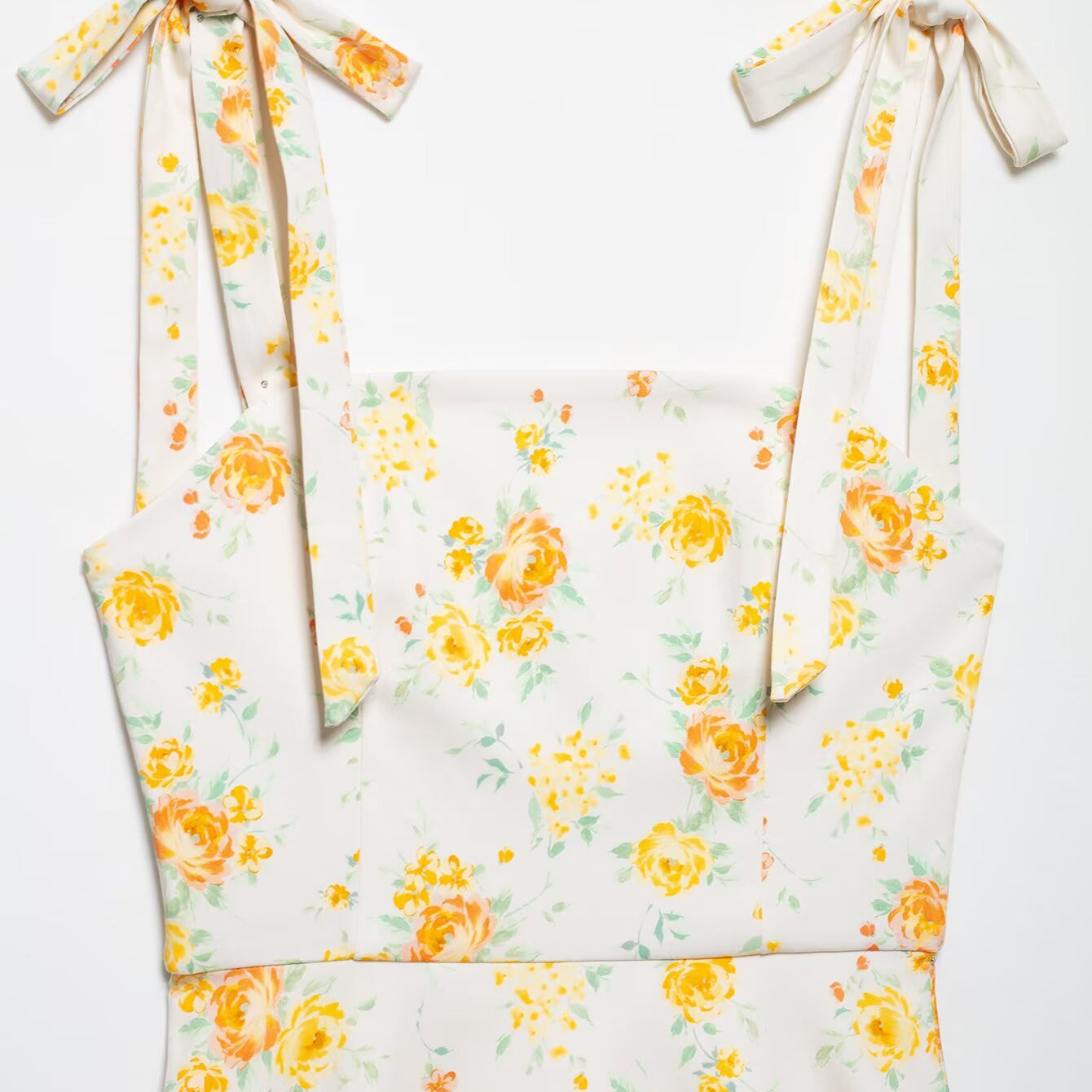 Langry fashion Bowknot Floral Printed Poplin Dress with white floral print, yellow roses, green leaves, and tied straps