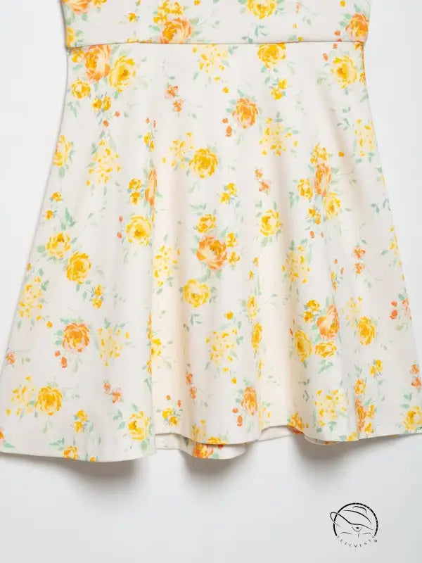 White floral print poplin dress with yellow orange flowers, elastic waistband, langry fashion ملابس