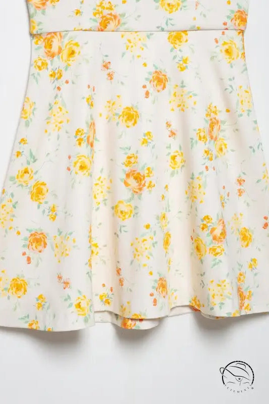 White floral print poplin dress with yellow orange flowers, elastic waistband, langry fashion ملابس