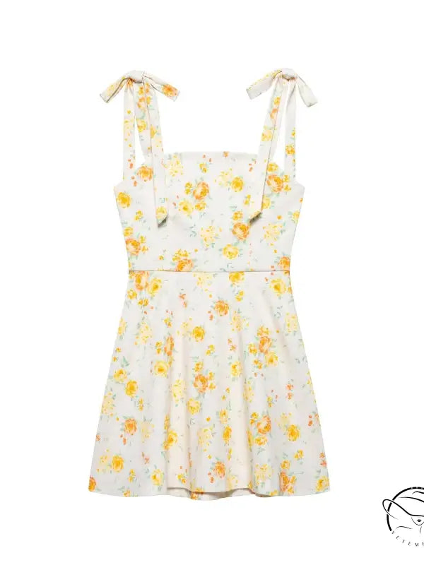 Yellow floral print mini dress with bowknot tie details in Langry fashion