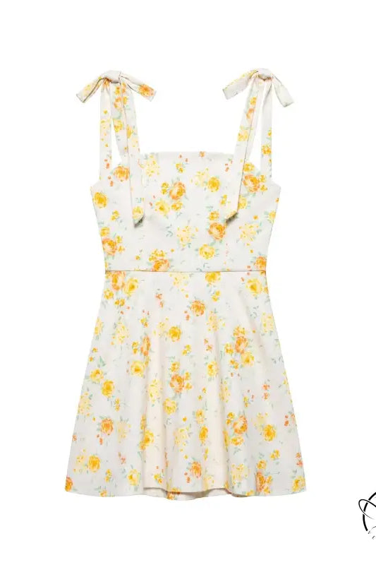 Yellow floral print mini dress with bowknot tie details in Langry fashion