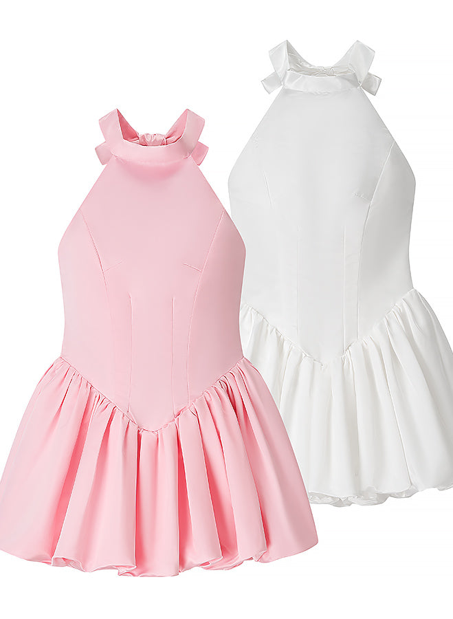 Elegant langry fashion pink white sleeveless dress with bowknot ruffle hem