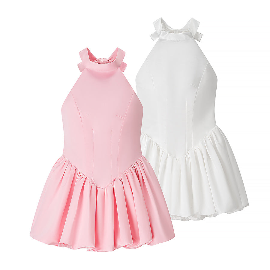Elegant langry fashion pink white sleeveless dress with bowknot ruffle hem