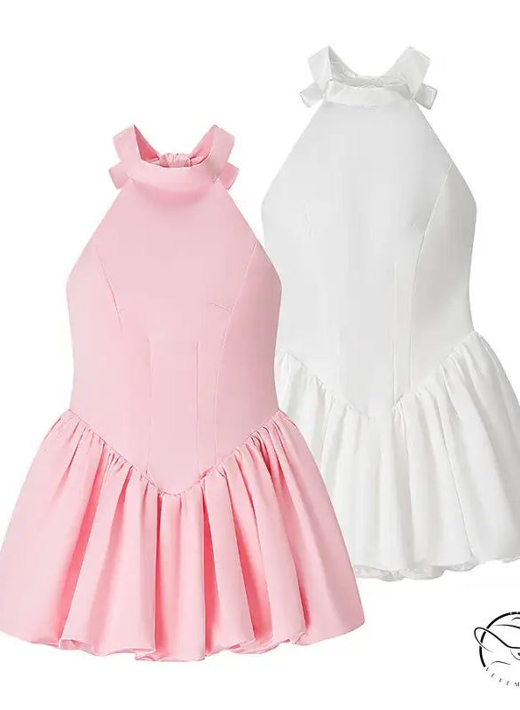 Elegant fitted waist bowknot lace up dress in pink and white with ruffles