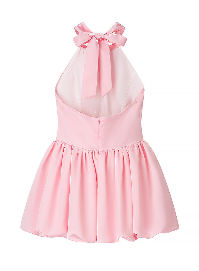 Elegant langry fashion pink sleeveless bowknot dress in mesh satin