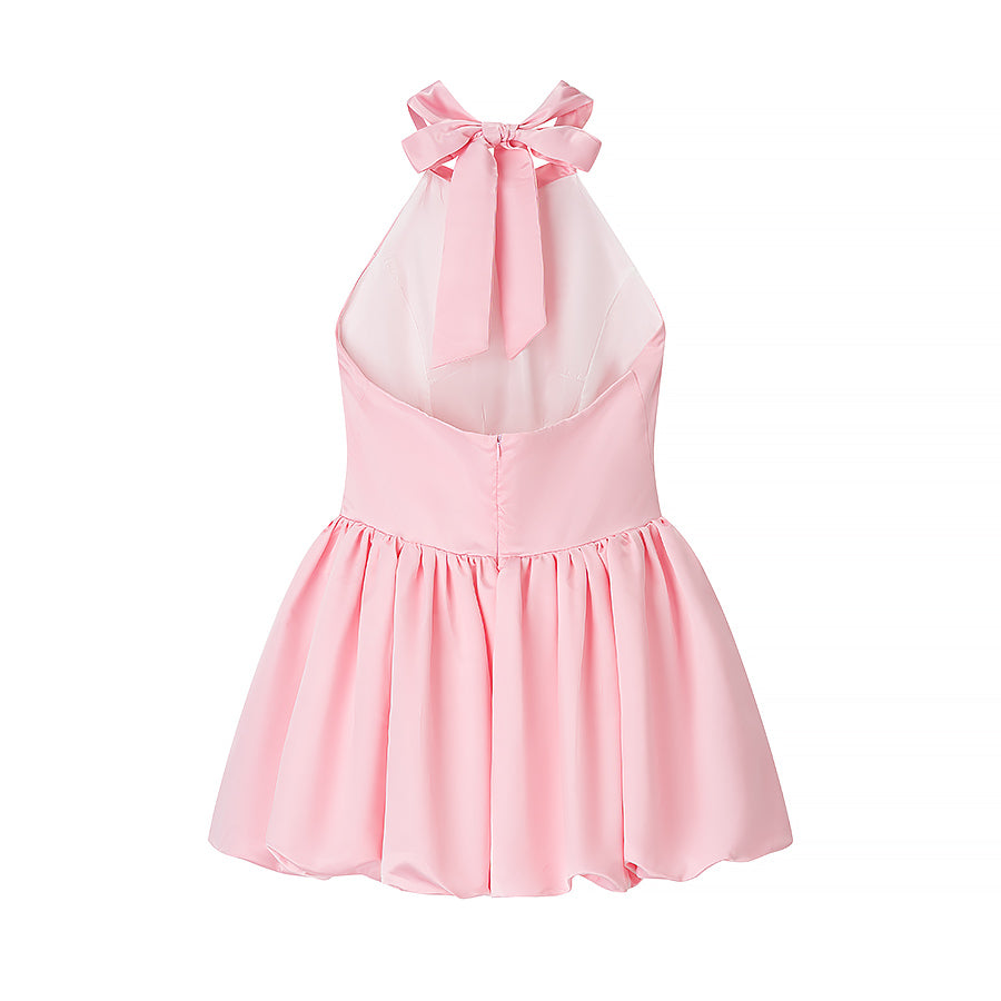 Elegant langry fashion pink sleeveless bowknot dress in mesh satin