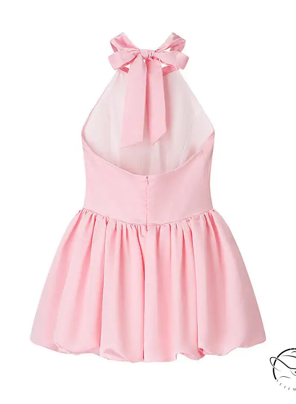 Elegant fitted waist bowknot lace up pink sleeveless dress with back bow