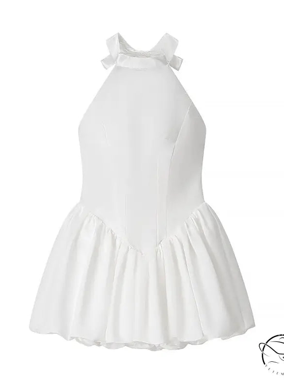 Elegant fitted waist bowknot lace up dress with white halter neck and ruffled hem