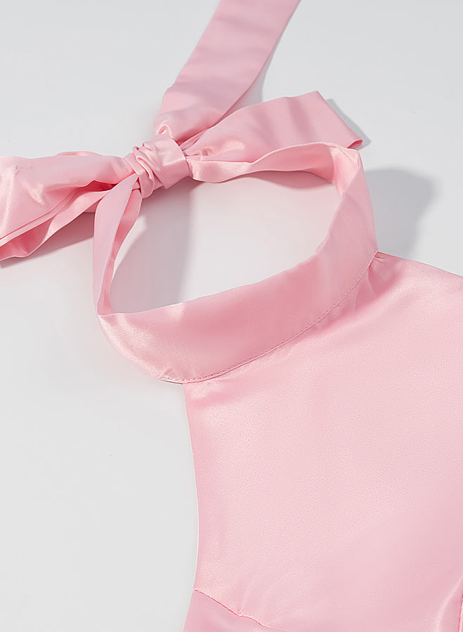 Pink langry satin halter swimsuit with bow detail in elegant fashion dress