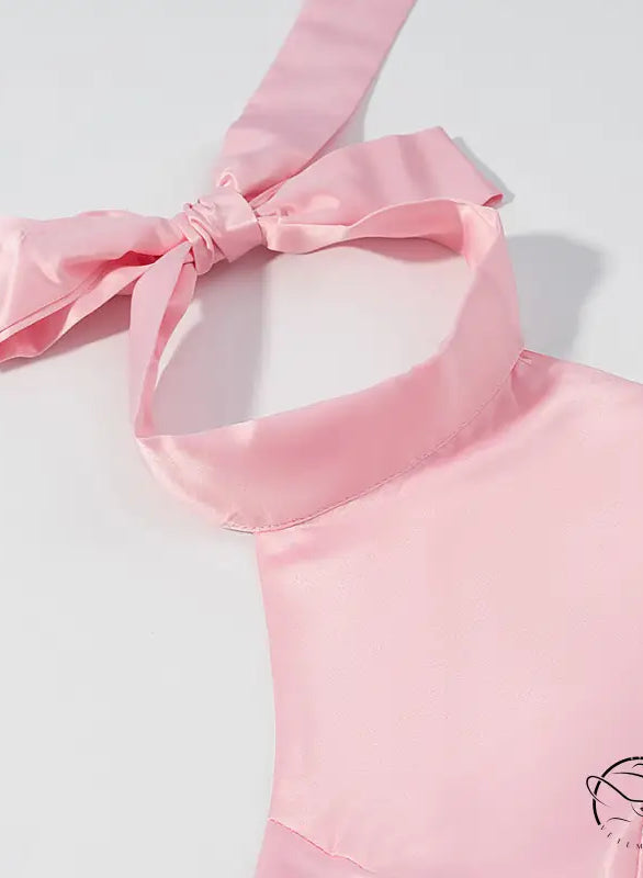 Pink satin halter neck swimsuit with elegant fitted waist bowknot lace up detail