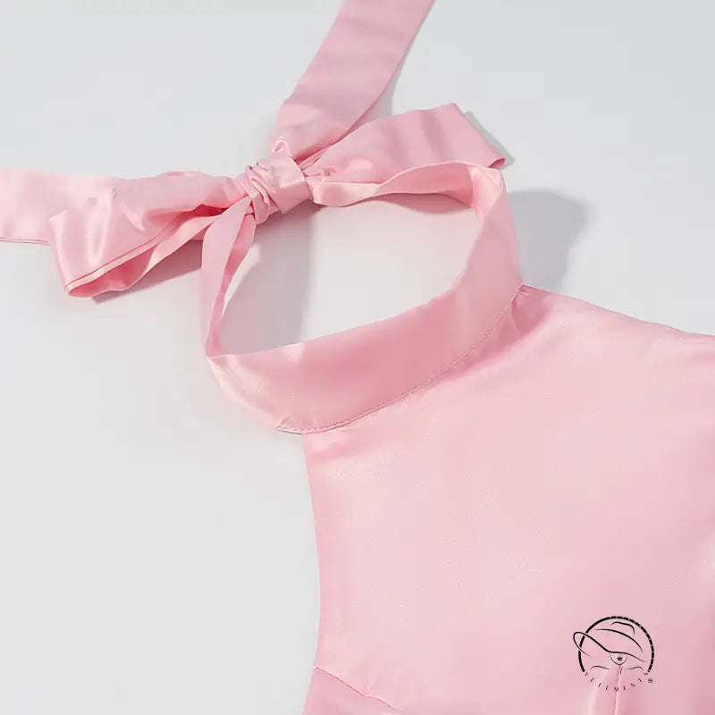 Pink satin halter neck swimsuit with elegant fitted waist bowknot lace up detail