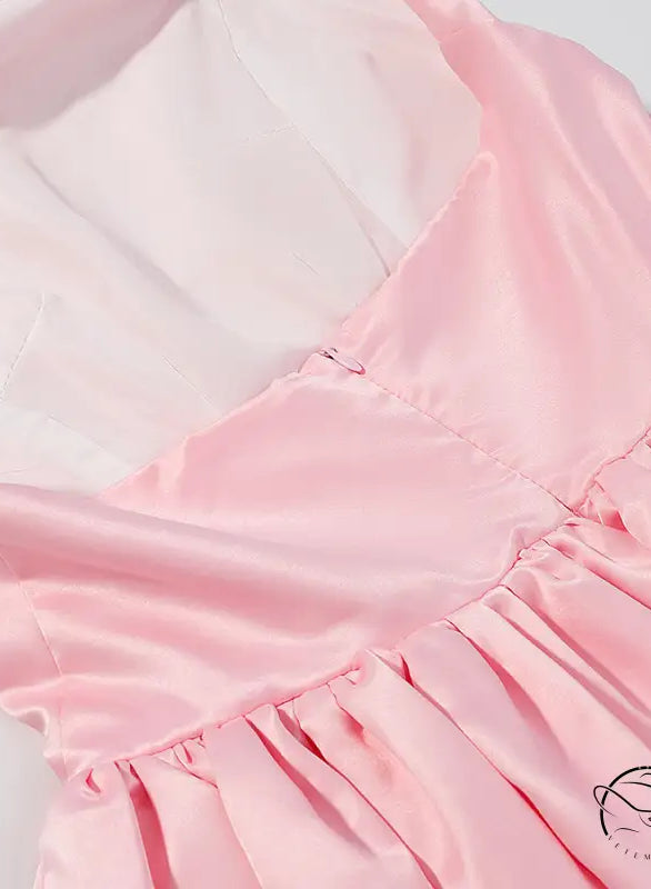 Elegant fitted waist bowknot lace up pink satin dress with ruffles