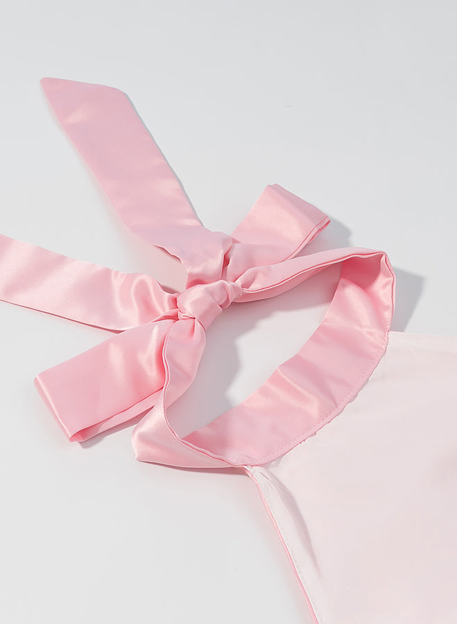 Pink satin bow tie on elegant Langry fashion waist bowknot dress