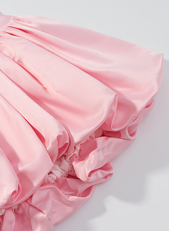 Elegant pink satin ruffled langry fashion dress with gathered waist